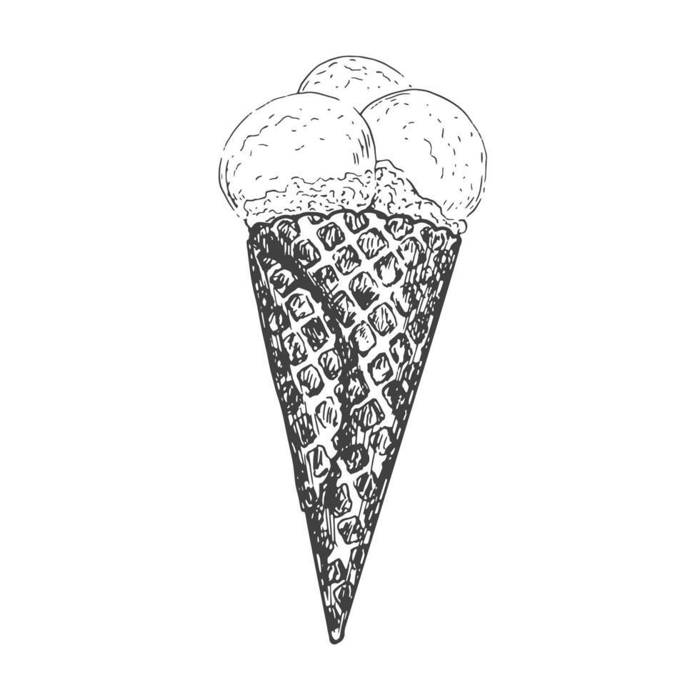 Three scoops of ice cream sketch. Ice cream in waffle cone isolated on white background. Frozen dessert. Black and white gelato drawing with hatching. vector