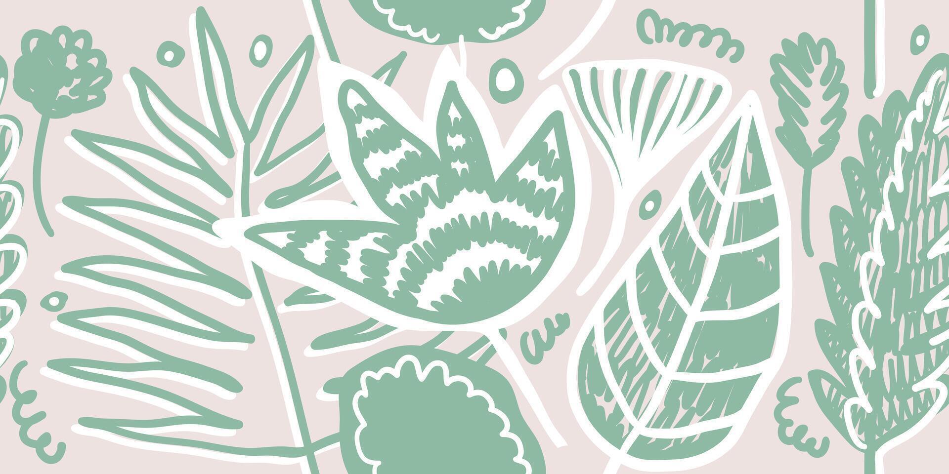 Seamless modern pattern with tropical plants. Exotic floral pattern with palm leaf, fern, ginkgo biloba, branches, line element on beige background. Hand drawn collage with leaves. Jungle illustration vector