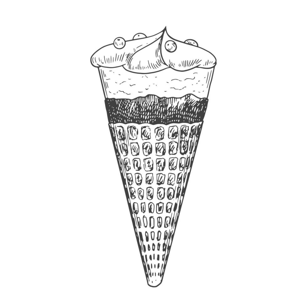 Ice cream sketch. Ice cream in waffle cone with chocolate topping and berries isolated on white background. Frozen dessert. Black and white gelato drawing with hatching. vector