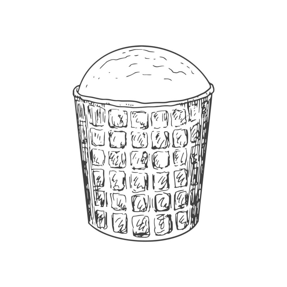 Ice cream sketch. Ice cream in waffle cup isolated on white background. Frozen dessert. Black and white gelato drawing with hatching. vector
