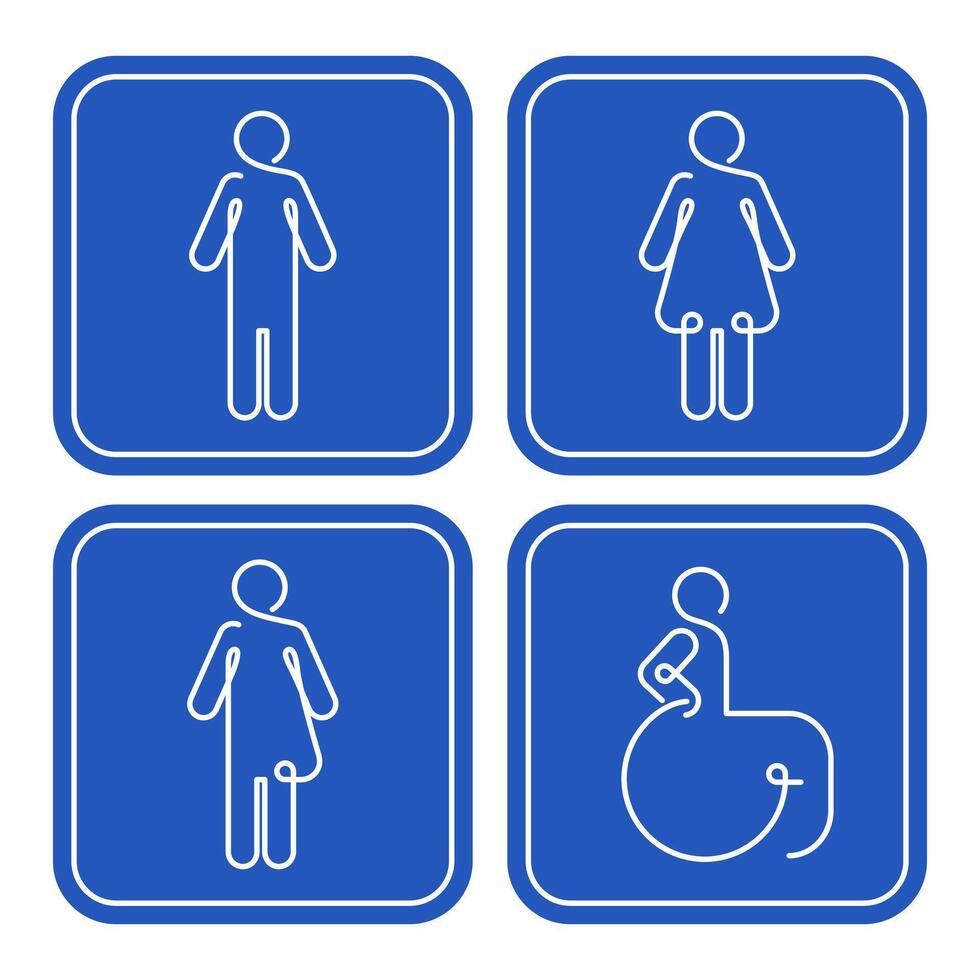 Linear toilet icon set. Male, female, transgender signs on blue background. WC sign . All gender restroom sign. Men, women, handicap symbols. Disabled person. Editable stroke. He, She, They symbols. vector