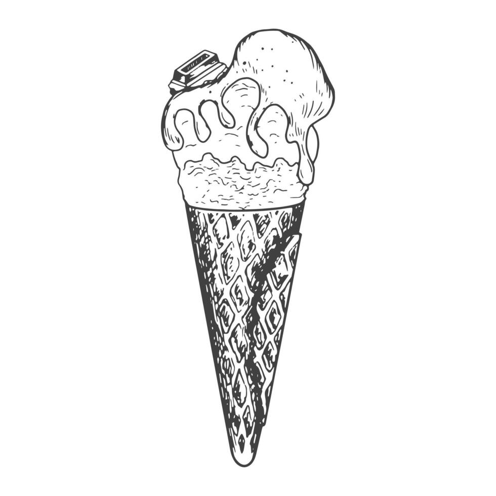 Ice cream sketch. Ice cream in waffle cone with caramel topping and piece of chocolate isolated on white background. Frozen dessert. Black and white gelato drawing with hatching. vector