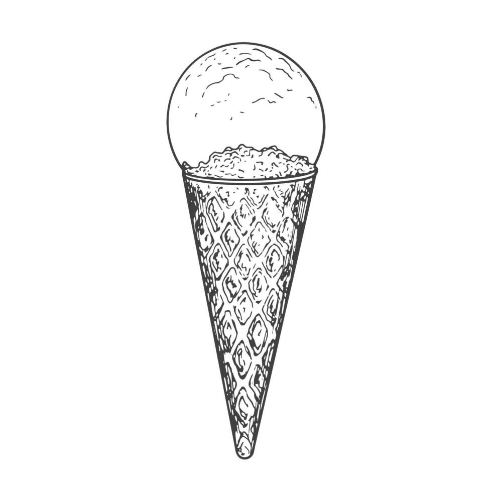 One scoop of ice cream sketch. Ice cream in waffle cone isolated on white background. Frozen dessert. Black and white gelato drawing with hatching. vector