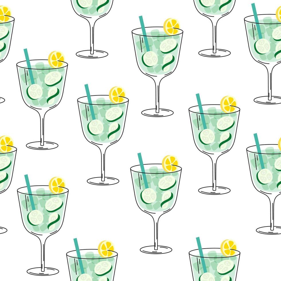 Seamless pattern with cucumber cocktail. Glass of alcoholic drink with ice cubes, lemon, gin, cucumber on white background vector