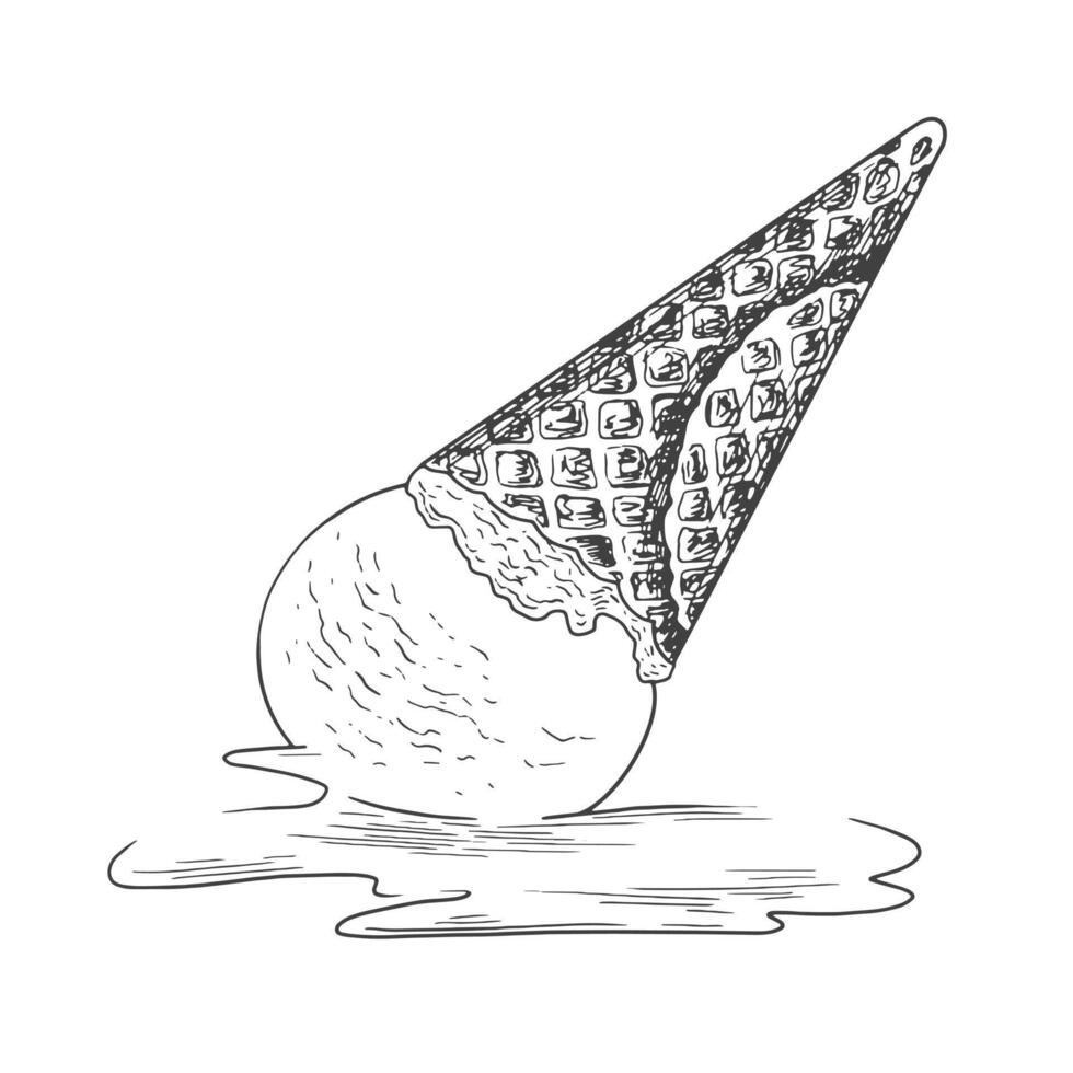 One scoop of ice cream sketch. Fallen melted ice cream in waffle cone isolated on white background. Frozen dessert. Black and white gelato drawing with hatching. vector