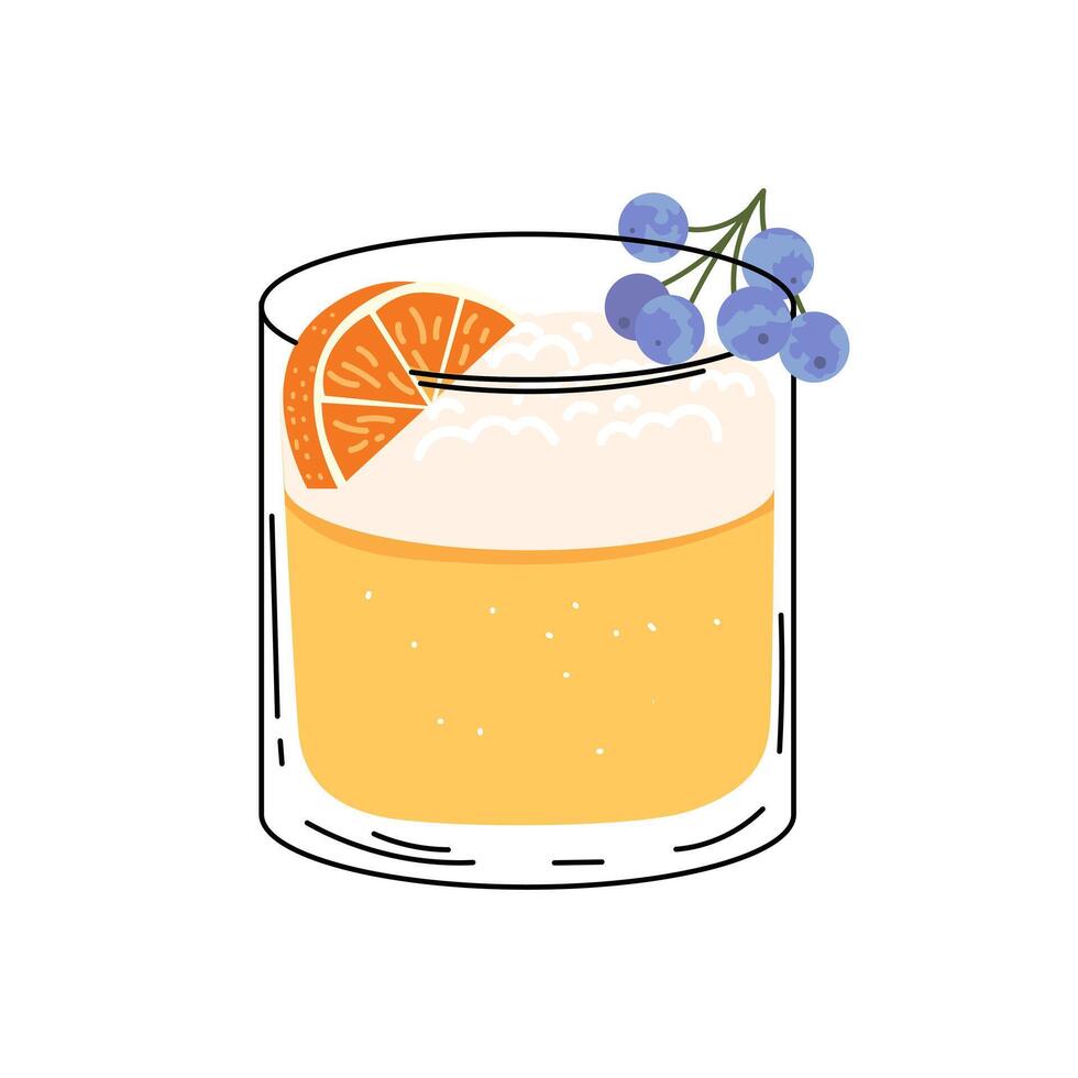 Juniper tangerine gin fizz. Summer cocktail isolated on white background. Alcoholic drink with ice cubes and citrus, orange, mandarin, juniper berries. Cocktail for menu, bar. vector