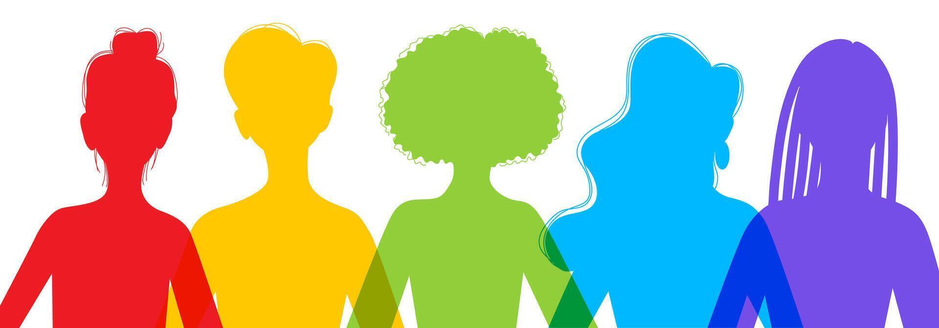 Diverse women silhouette. Feminist. Isolated silhouette of LGBTQ people. Gay community. Lesbians as representatives of LGBT people. Rainbow colored silhouettes of female heads. Concept of homosexual. vector