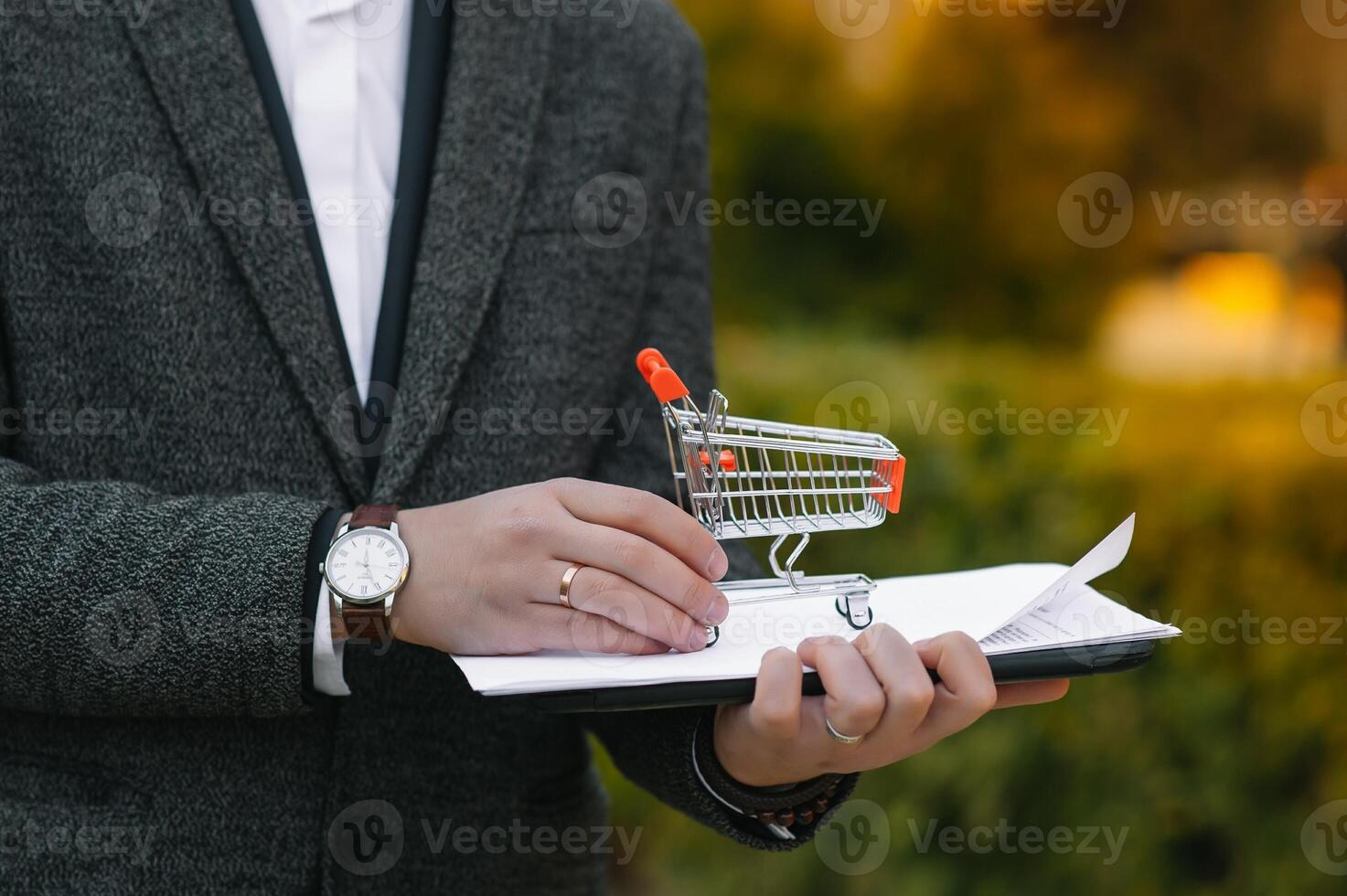 Grocery store chain management, retailing and daily consumer goods trade concept. Business man in a suit with a small miniature shopping cart photo