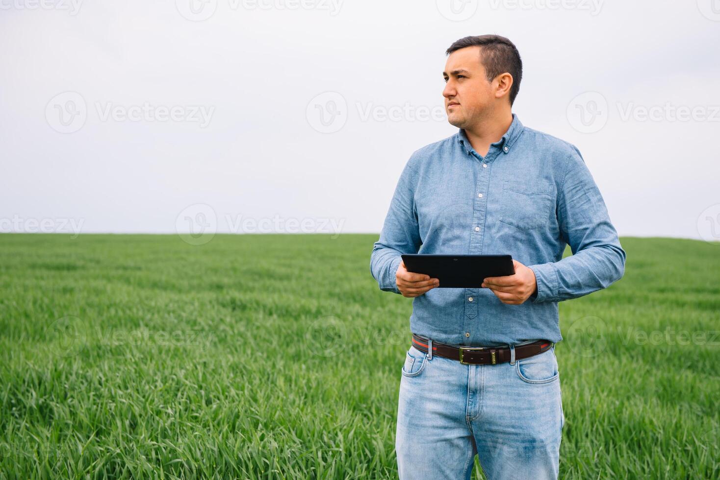 Young agronomist holds tablet touch pad computer in green wheat field. Agribusiness concept. agricultural engineer standing in a wheat field with a tablet in summer. photo