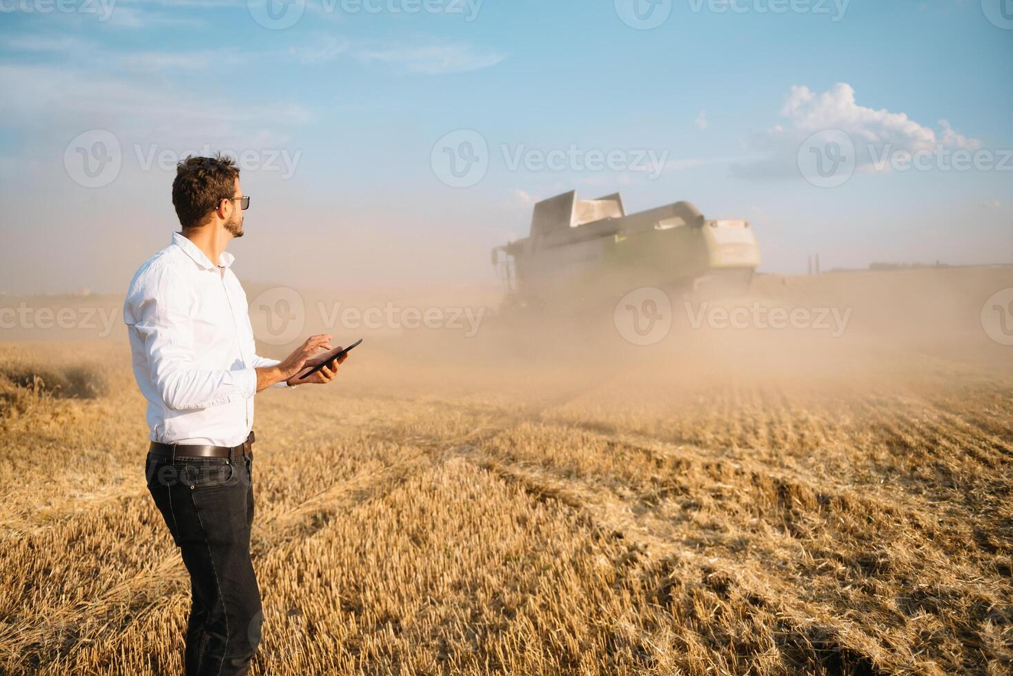 contento granjero en el campo comprobación maíz plantas durante un soleado verano día, agricultura y comida producción concepto foto