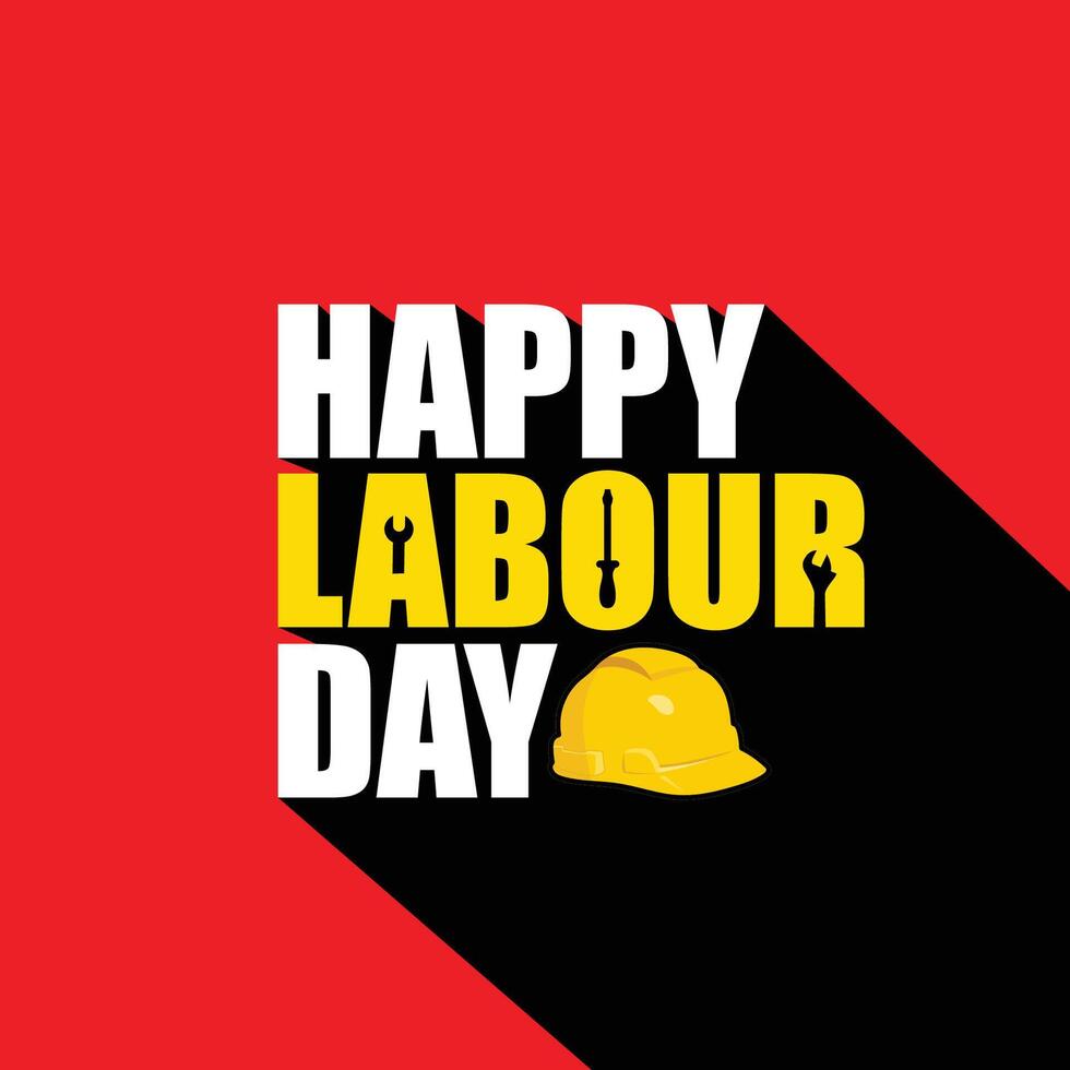 Happy Labour Day creative concept with bold text and Labour elements on red background. Safety helmet illustration. Labor Day poster, banner, flyer, wallpaper, social media template design vector