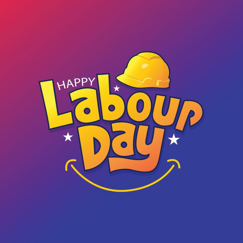 Happy labour Day typography greeting card to celebrate international worker day on 1st May. Labour Day banner With a Safety Helmet Illustration. Gradient background. Smile icon. Yellow color vector