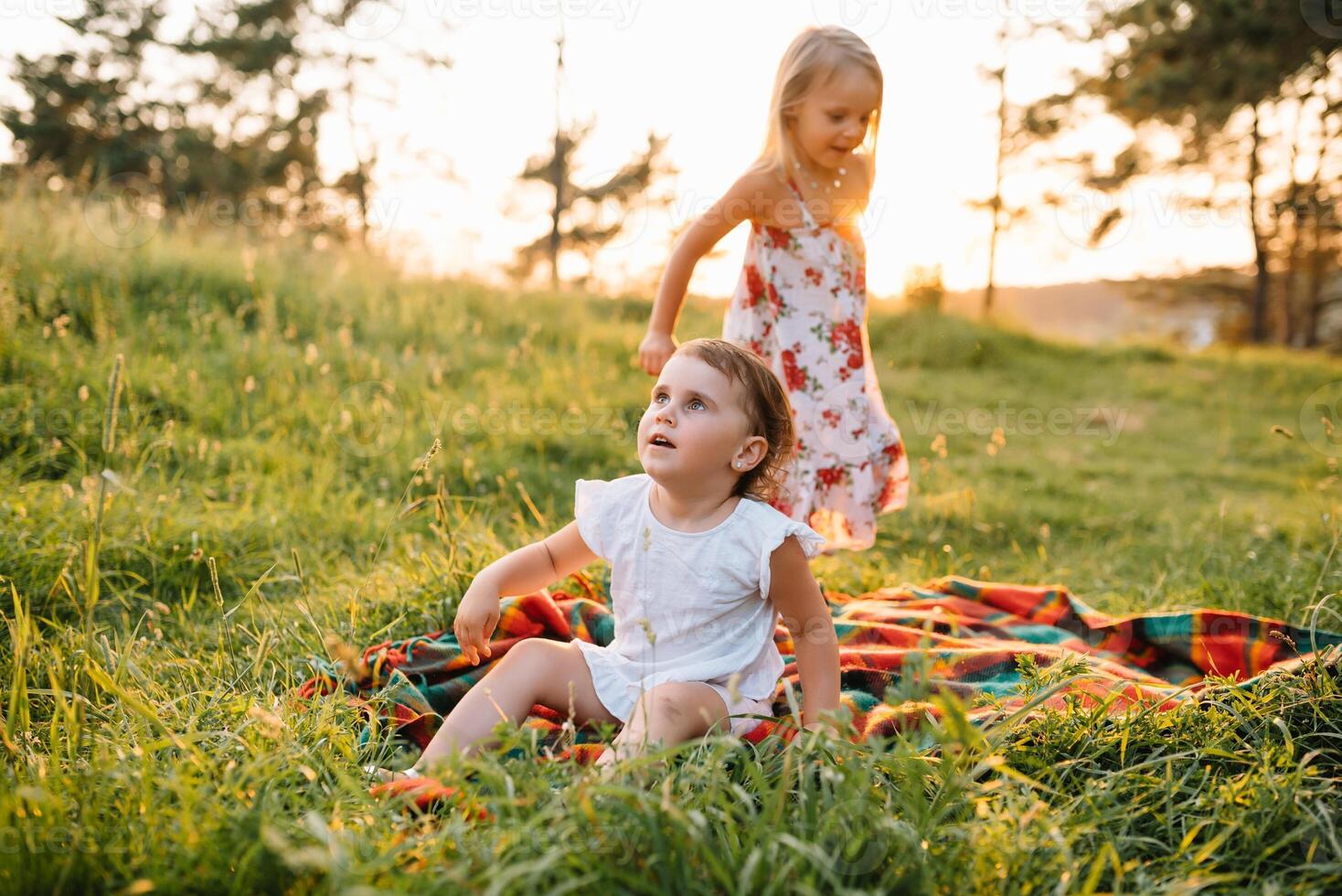 Little sisters girls having fun in the summer forest, sitting on the blanket and smiling. photo