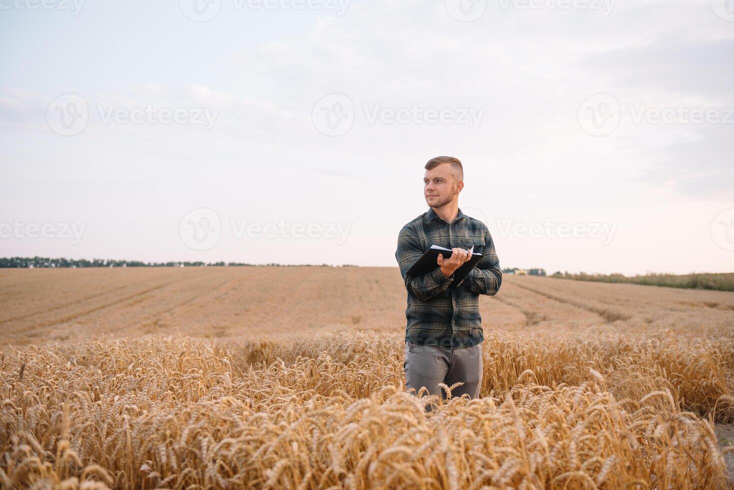 Young attractive farmer with laptop standing in wheat field with combine harvester in background. photo