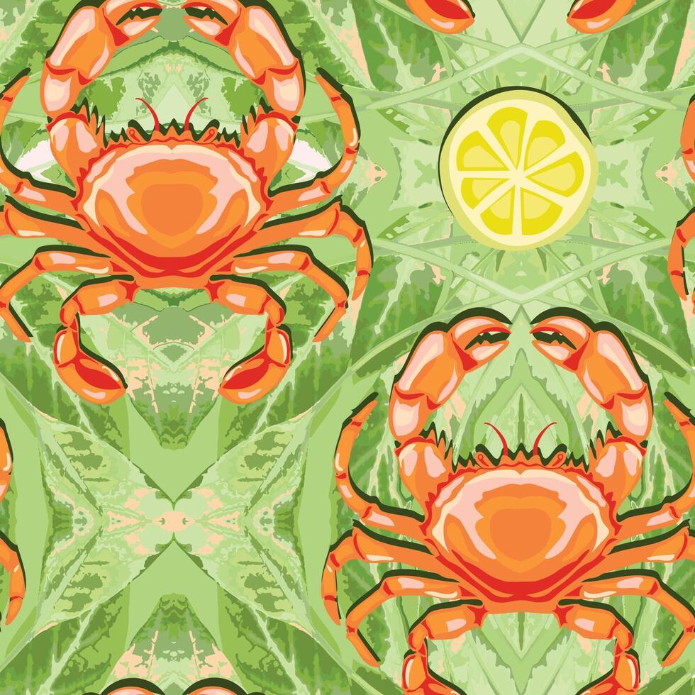 , seamless pattern of green fresh salad, sour lemon and crab gifted by the sea. vector