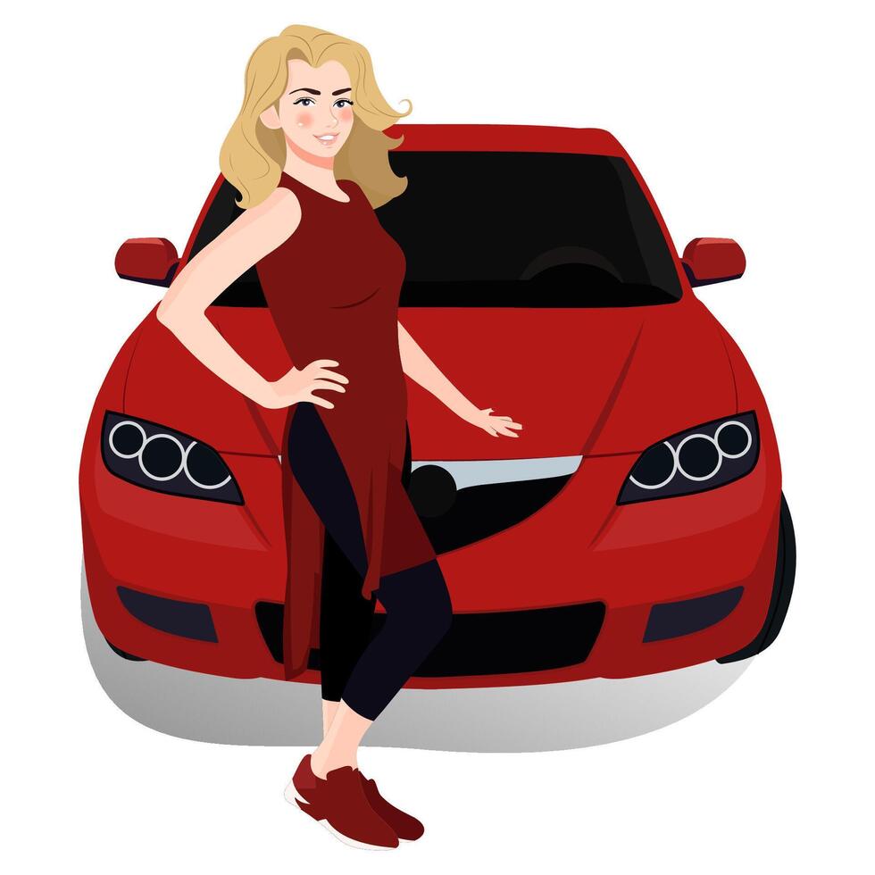 A beautiful girl stands near a red car vector