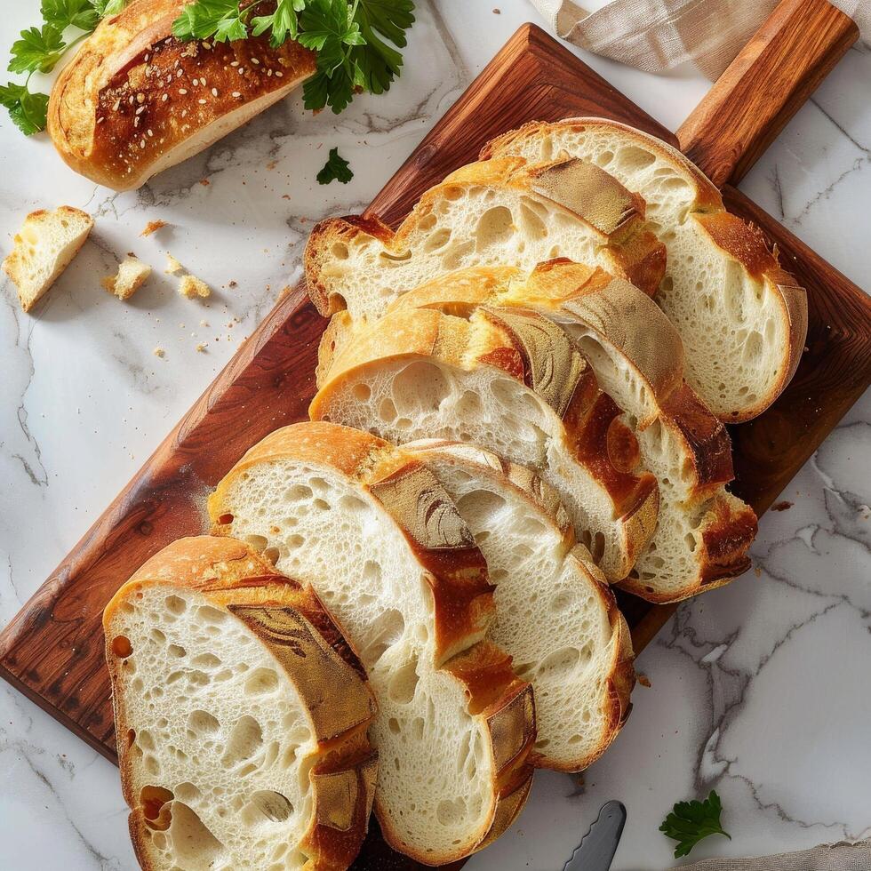 Sliced Artisan Bread on Wooden Board photo