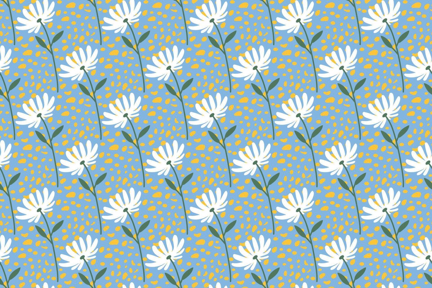 White flowers with yellow polka dots, summer cute print. vector