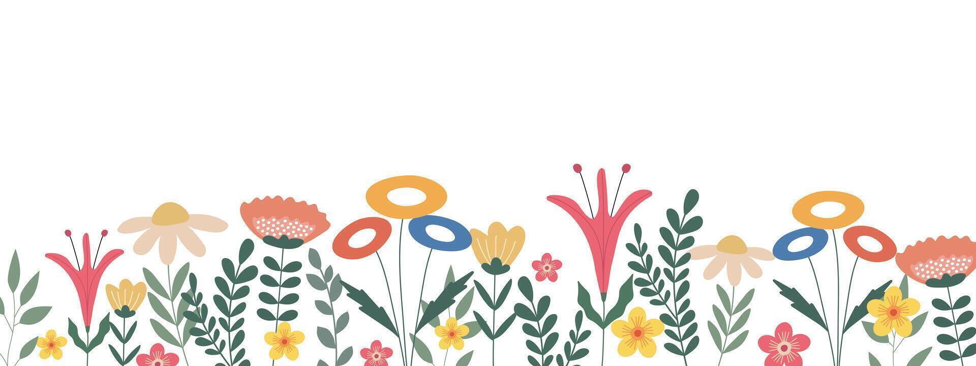 Horizontal floral background decorated with bright blooming flowers and leaves. vector