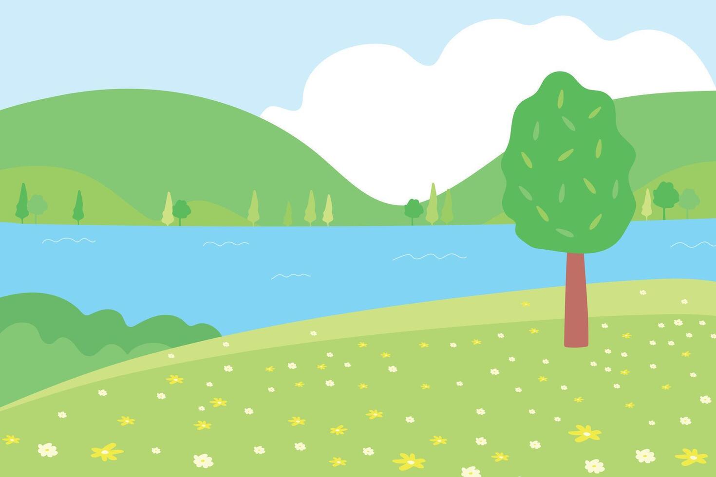 Summer minimalistic landscape. Mountains, flowers, sea and meadow. vector