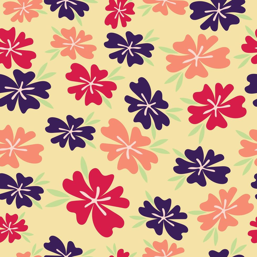 Bright, abstract, seamless, floral summer background with peach, pink and lilac flowers. vector