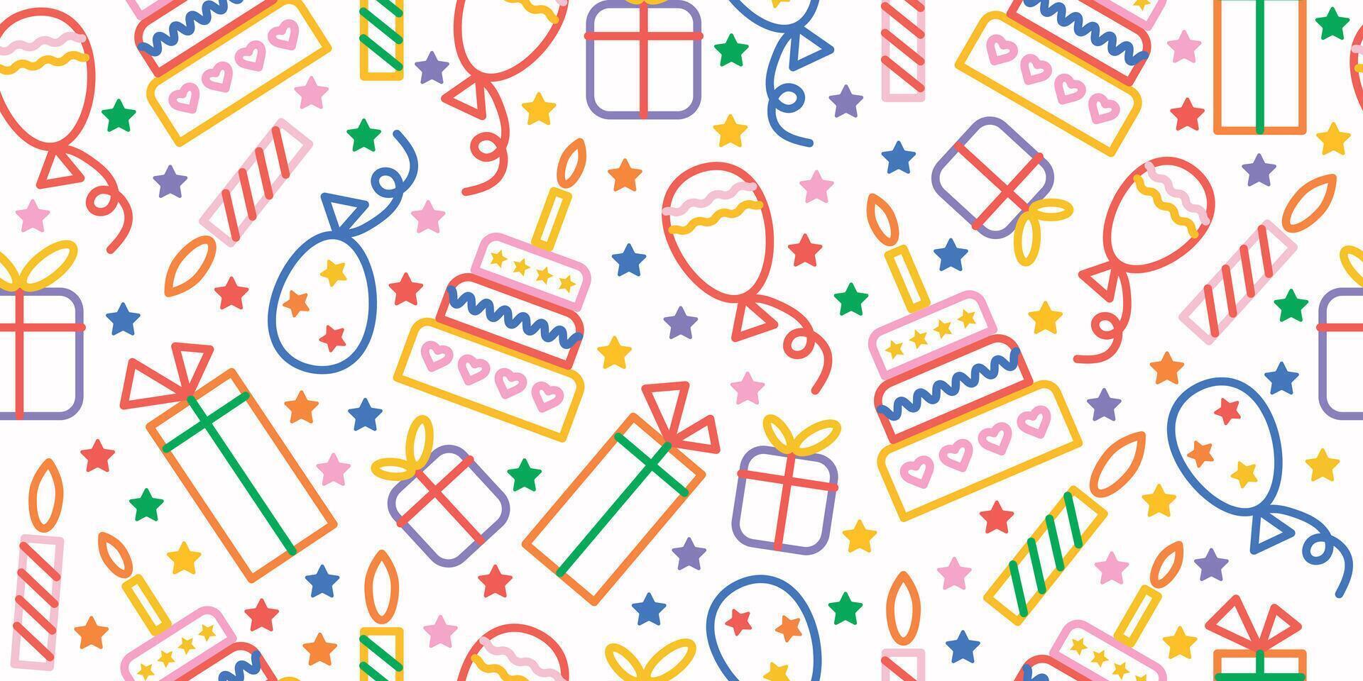 Happy Birthday, bright seamless background with cakes, balloons and gifts. vector