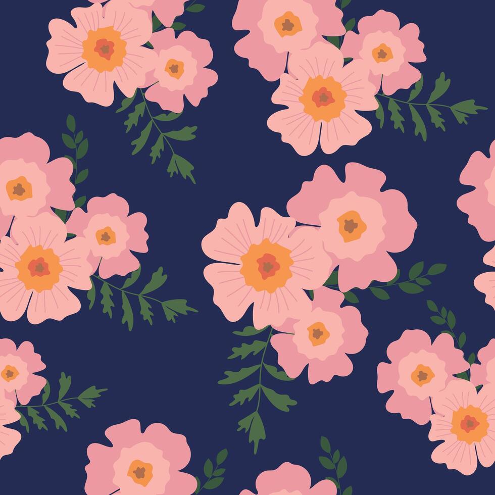 Floral modern seamless pattern with pink flowers on a blue background. vector