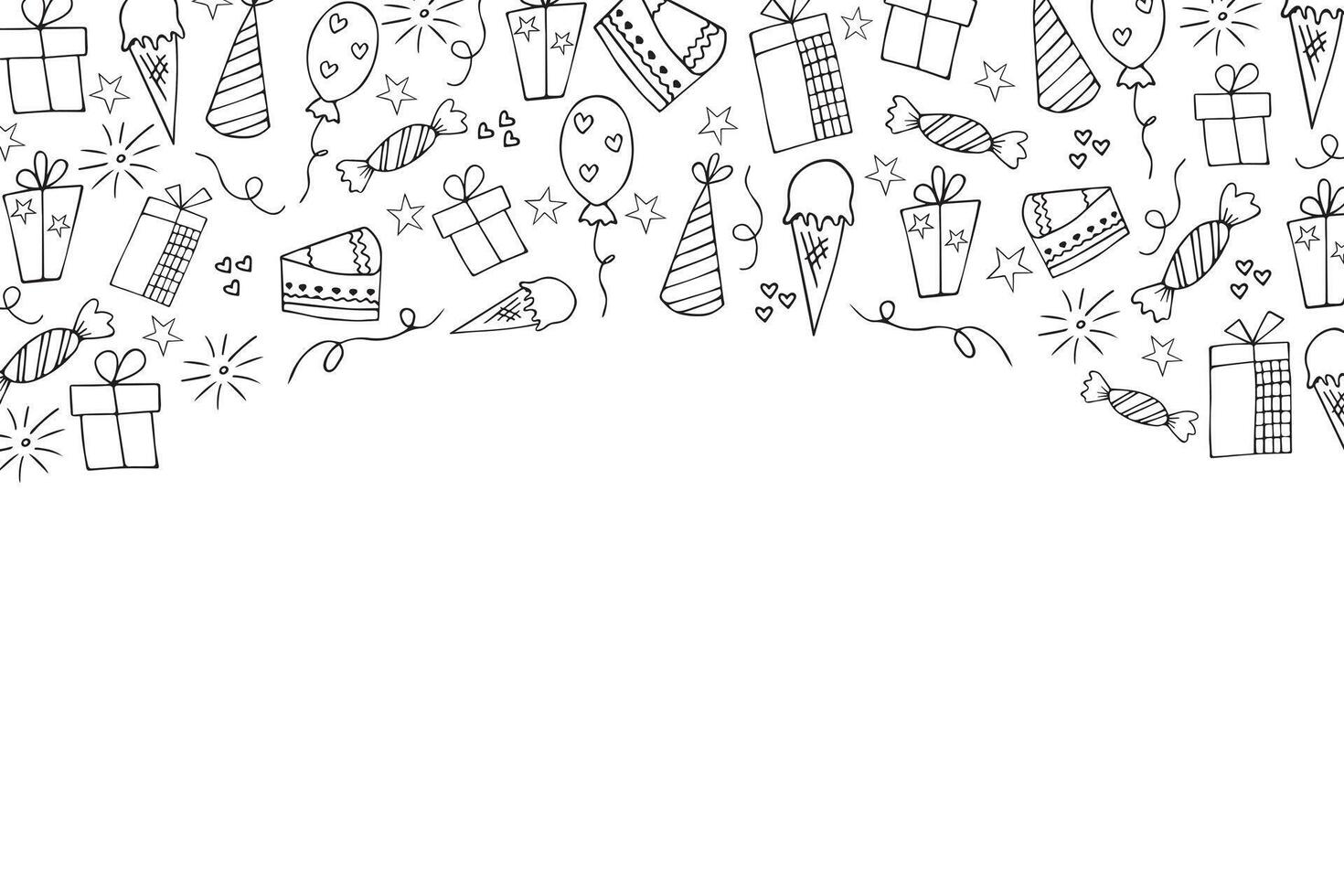 mano dibujado marco para cumpleaños, fiesta, con globos, regalos, golosinas y pasteles garabatear ilustración para el día festivo. vector