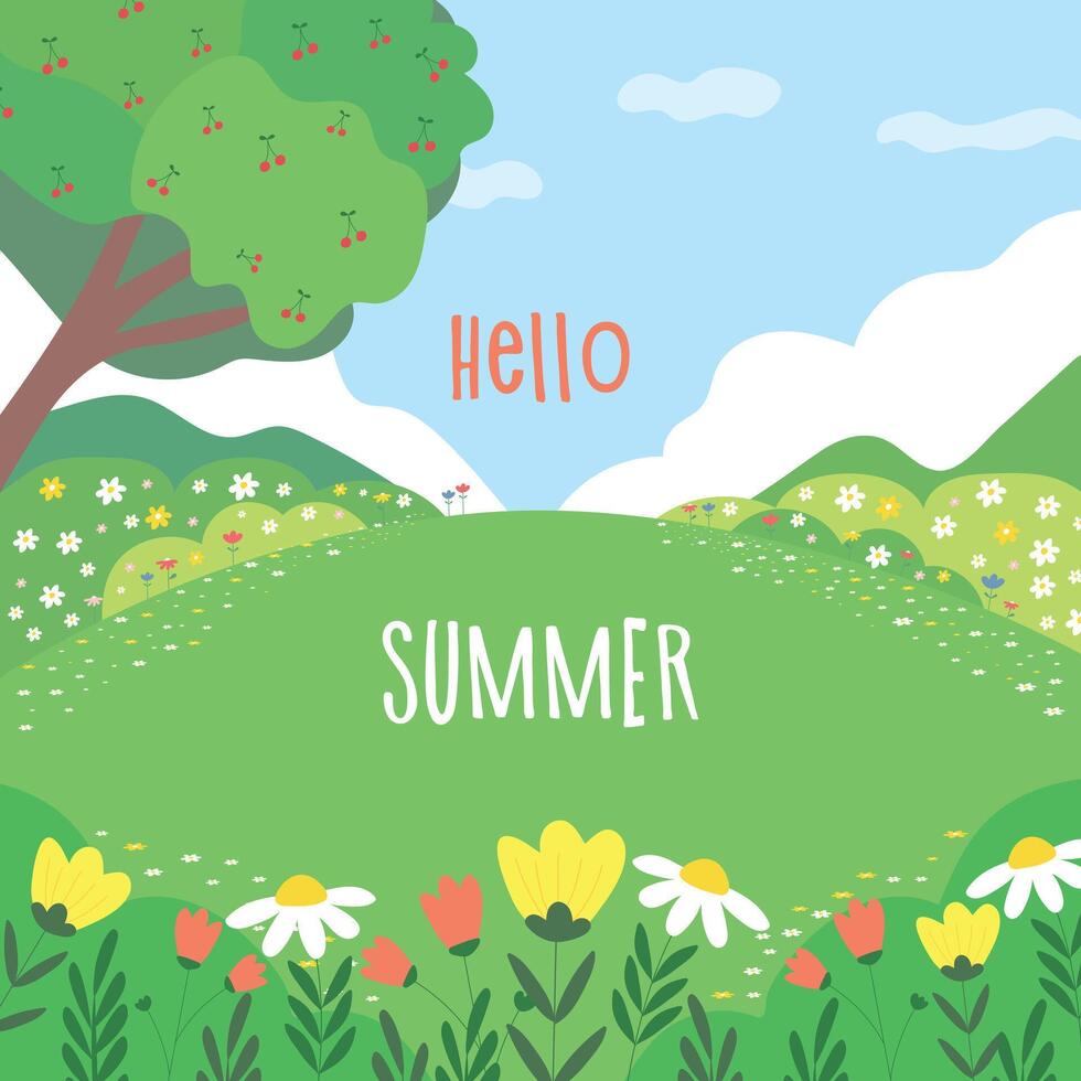 Hello summer. Summer landscape with meadow, flowers and cherries. Summer day. vector