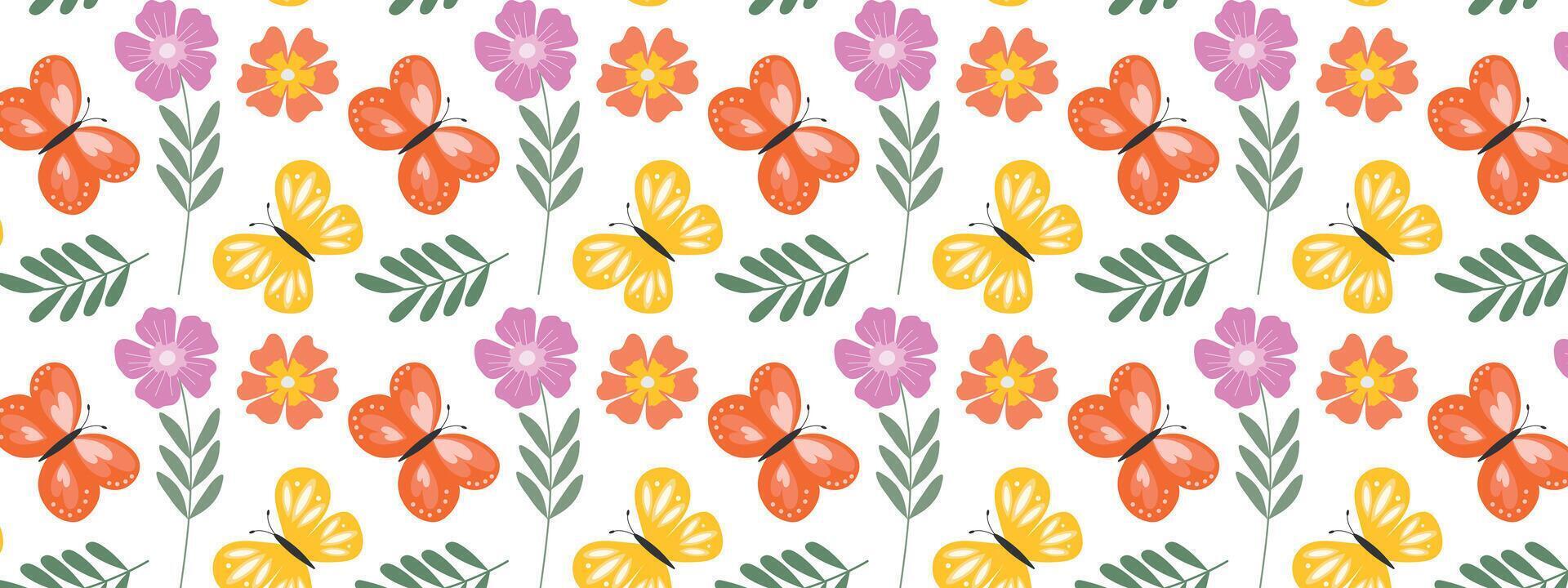 Seamless summer pattern with bright flowers and butterflies. vector