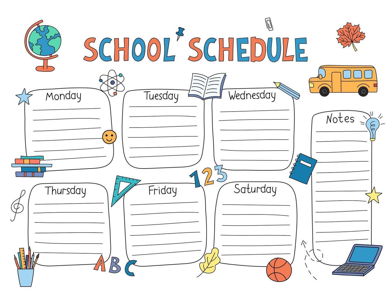 School Schedule template printable US Letter size . Weekly class timetable, lesson planner students, kids daily routine chart. Funny doodle hand drawn outline design with educational elements vector