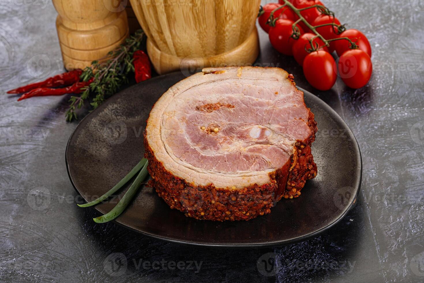 Tasty and fat smoked pork belly photo