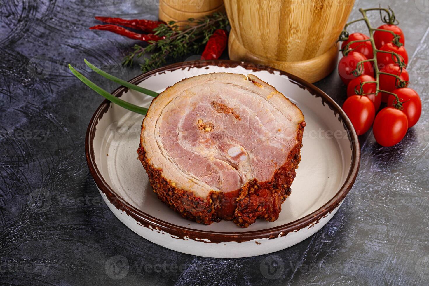 Tasty and fat smoked pork belly photo