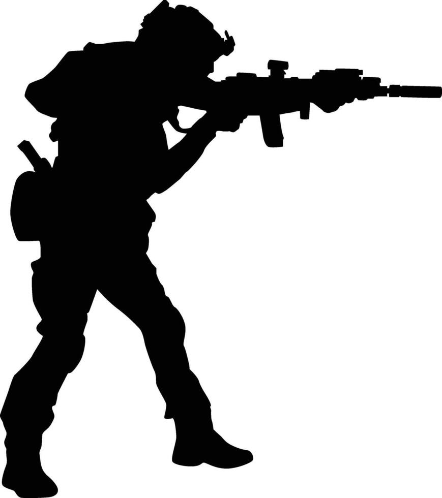 Silhouette of full armor soldier. Military men wearing uniform illustration. Army pose using riffle weapon vector