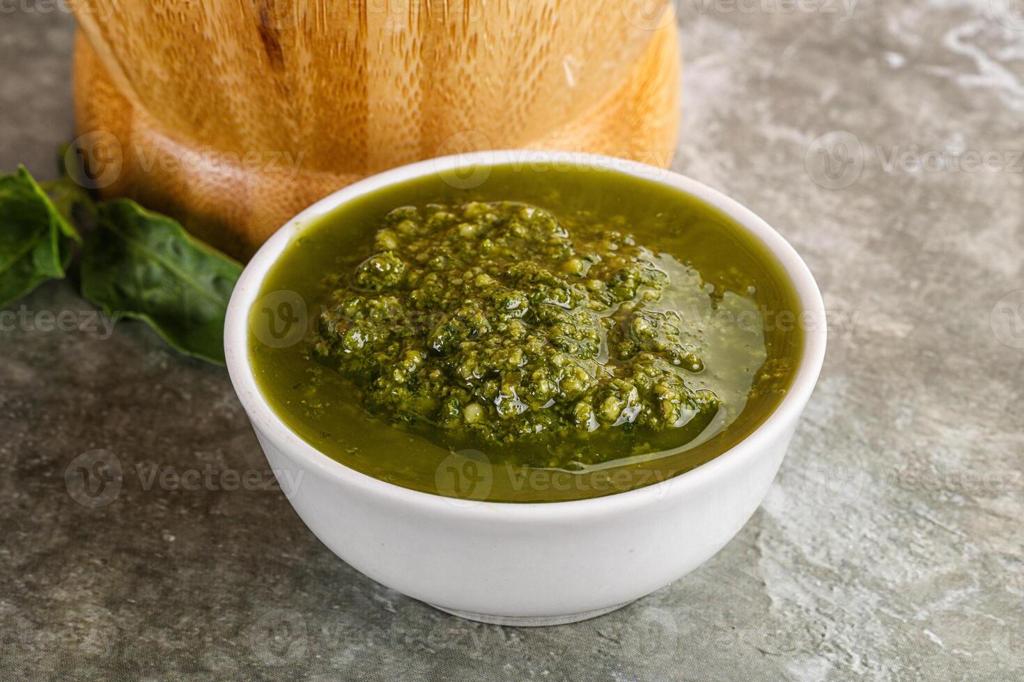 Homemade vegetarian basil pesto sauce photo