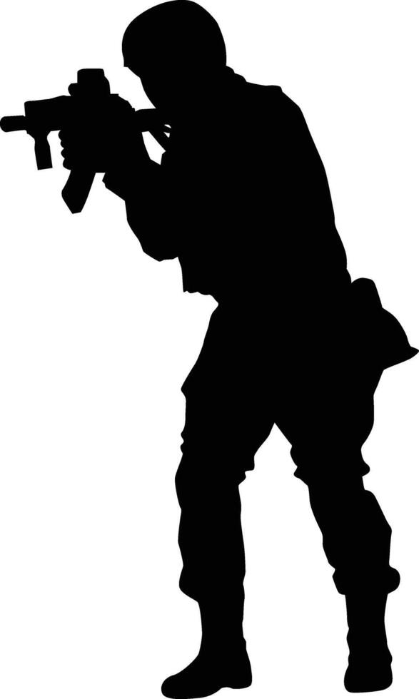 silueta de lleno armadura soldado. militar hombres vistiendo uniforme ilustración. Ejército actitud utilizando rápido arma vector