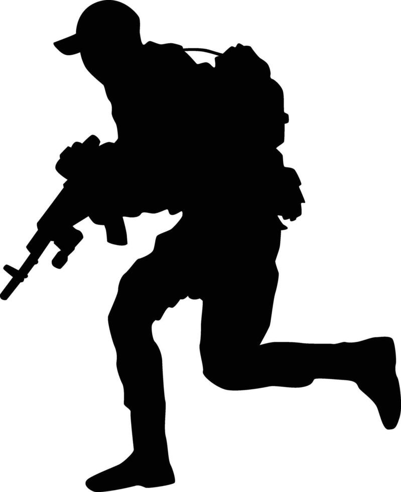 Silhouette of full armor soldier. Military men wearing uniform illustration. Army pose using riffle weapon vector