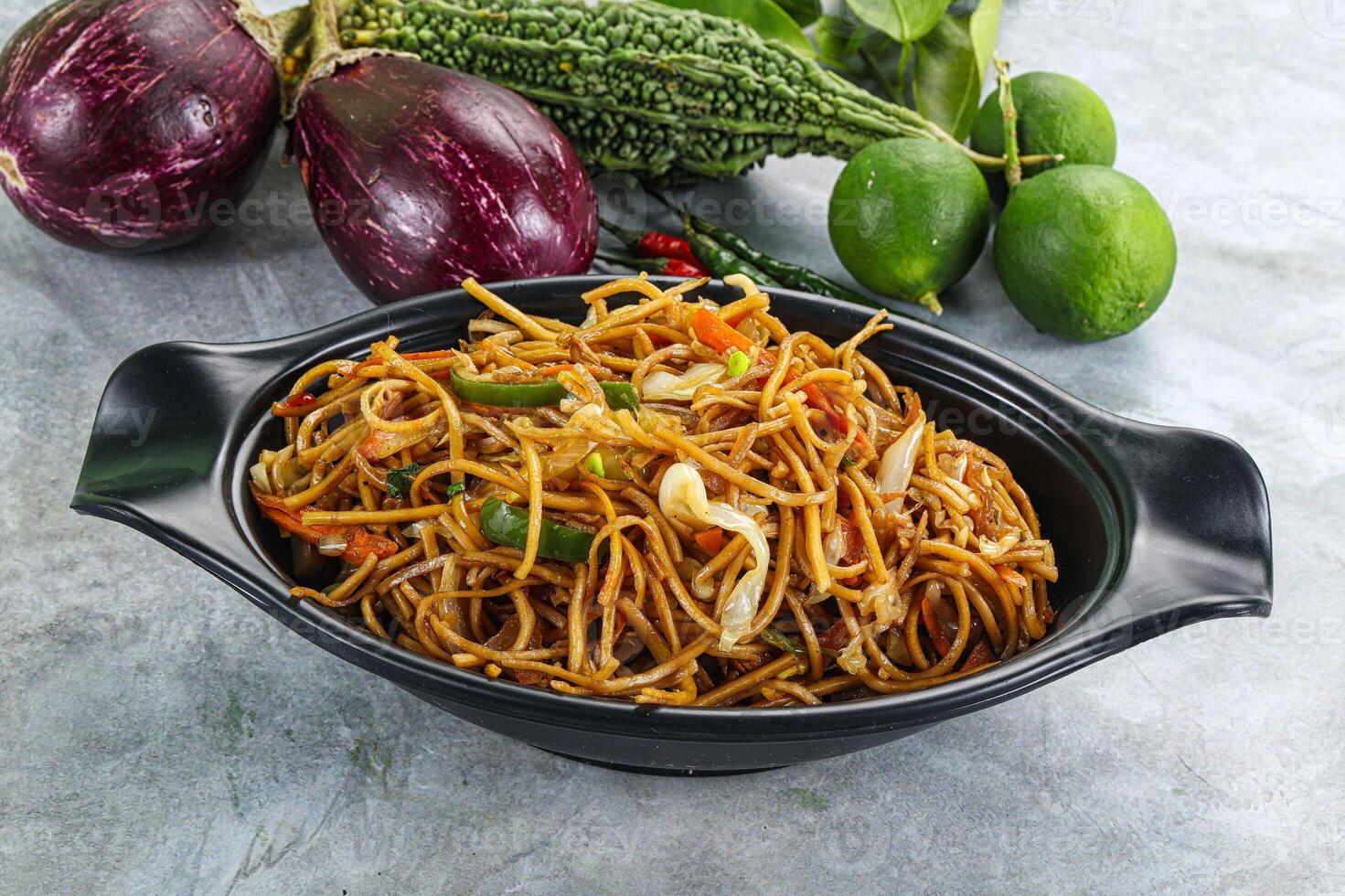 Stir fried noodles with vegetables photo