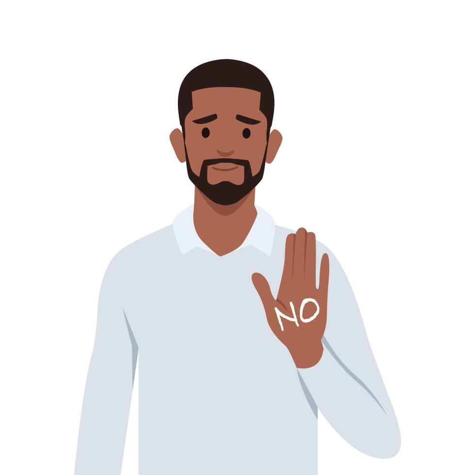 Young black man politely refuses the offer No, thank you. vector