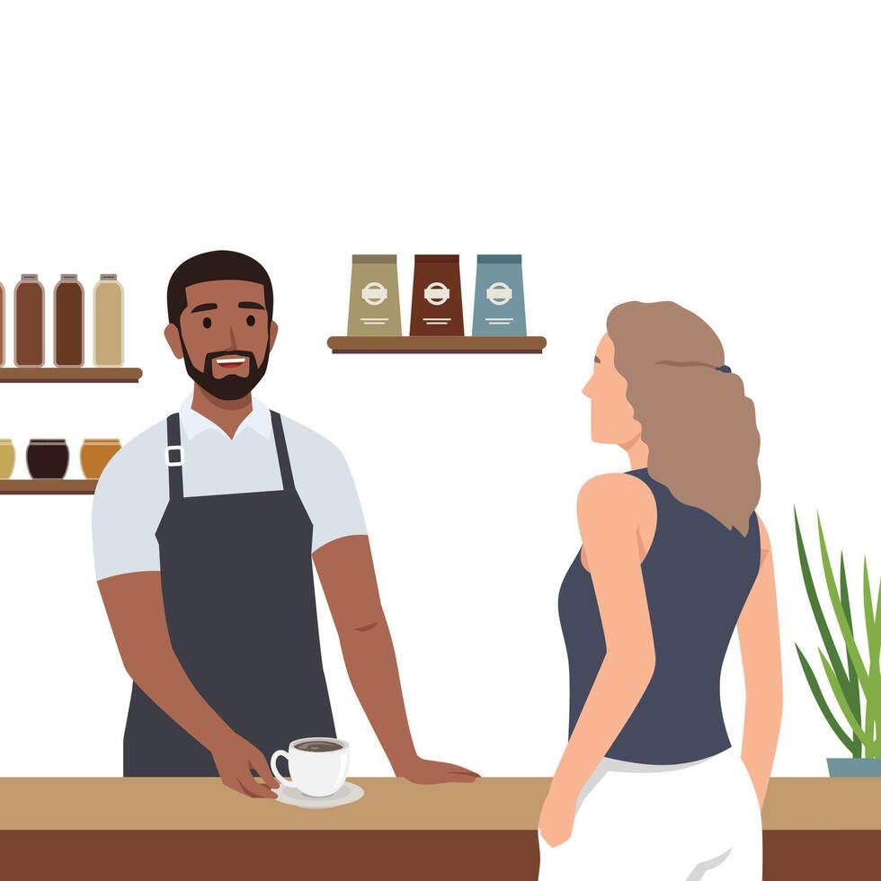 Young man making coffee for customer. Man standing behind counter and offering hot drink. vector