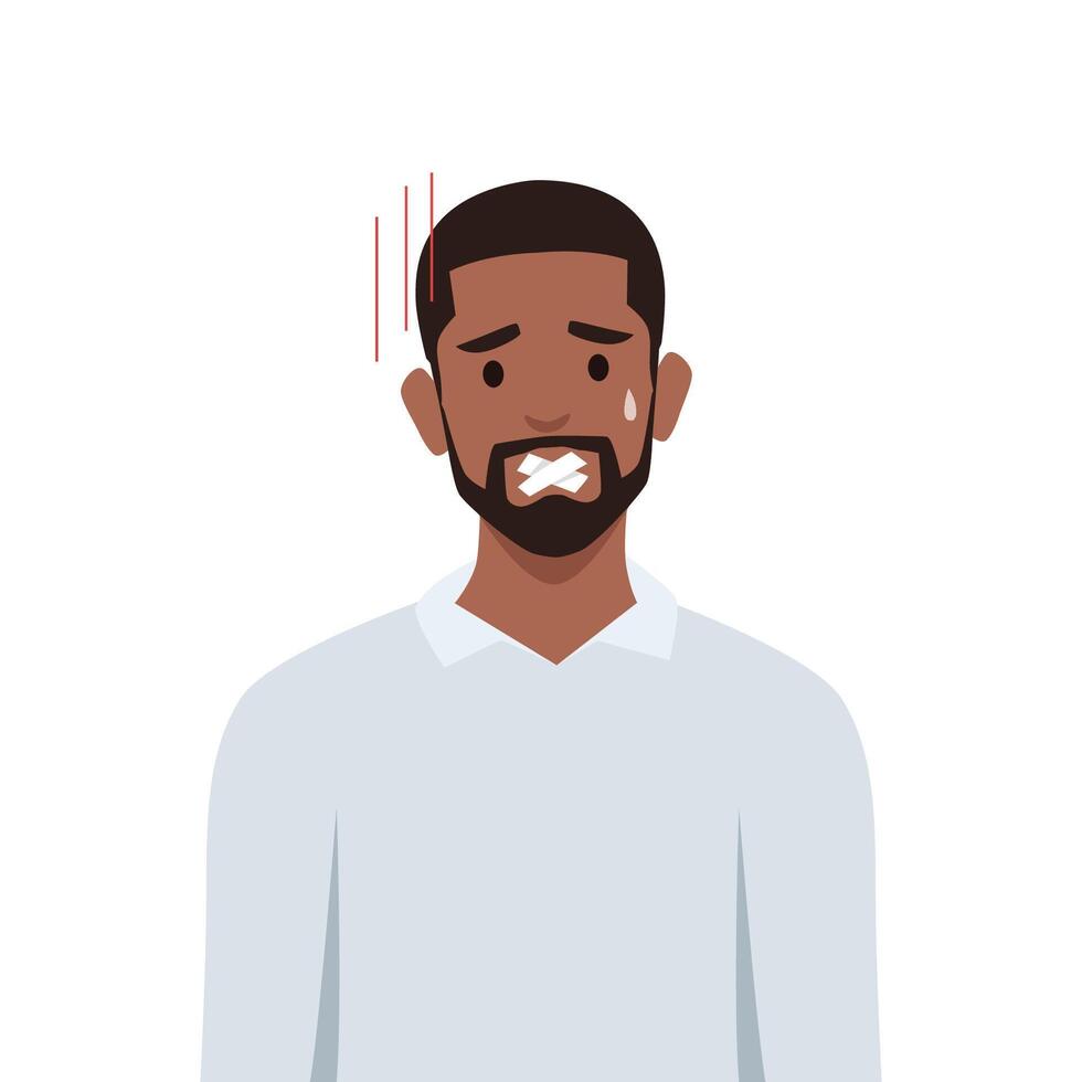 Young black man with scotch tape on mouth prohibited to talk speak. vector