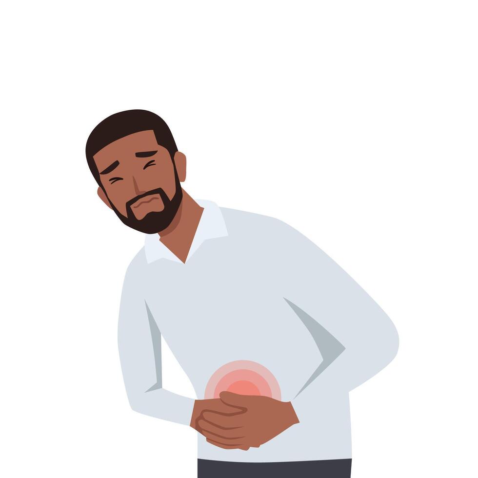 Young black unhealthy man suffer from stomach ache or gastritis. vector