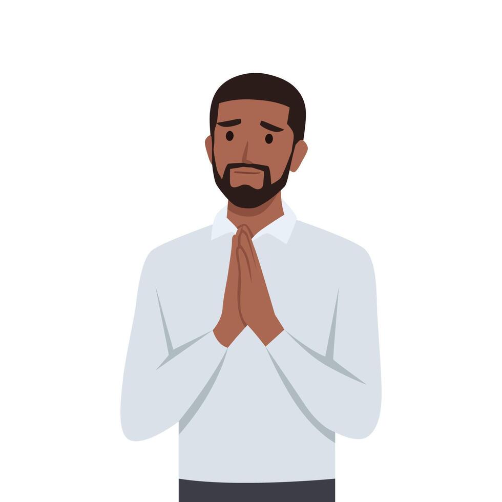 Young man praying hands together and begging. Trendy person holding palms in prayer. vector