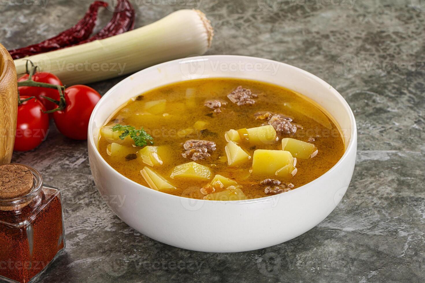 Soup with beef meatball and vegetables photo