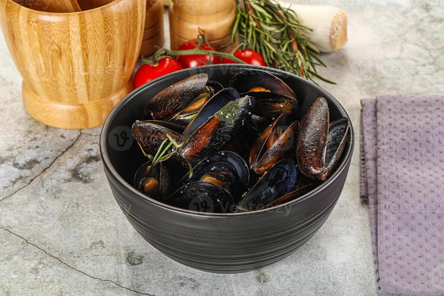 Tasty mussels in the bowl photo