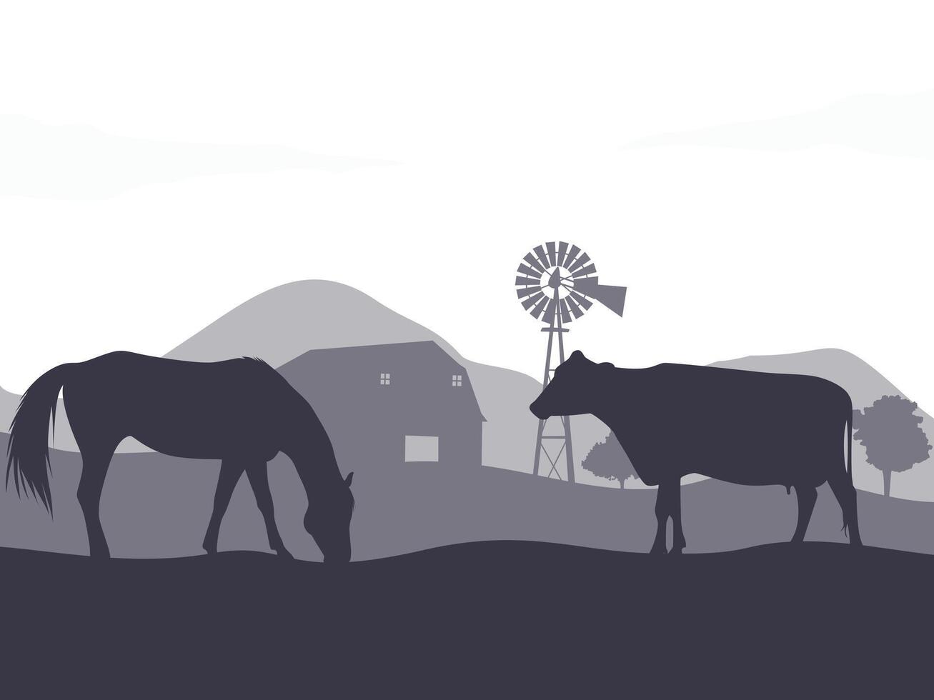 Flat Illustration of Horse and Cow in Farm Live. vector