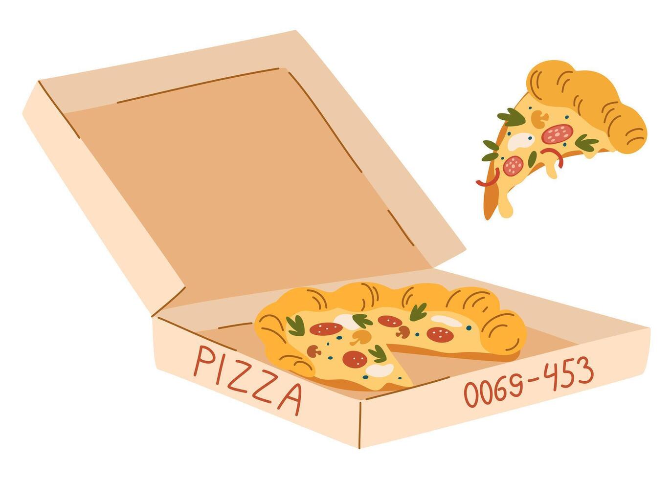 Pizza in cardboard box. Hot Italian fast food and slice with melting cheese. Open carton delivery package with takeaway fast food pieces. Flat illustration isolated on white background vector