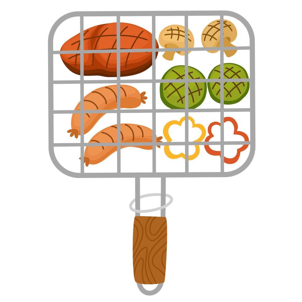 BBQ grilling basket with handle. Metal barbecue device with food, sausages, vegetables and mushrooms. Barbeque equipment with frankfurters. Flat illustration isolated on white background vector