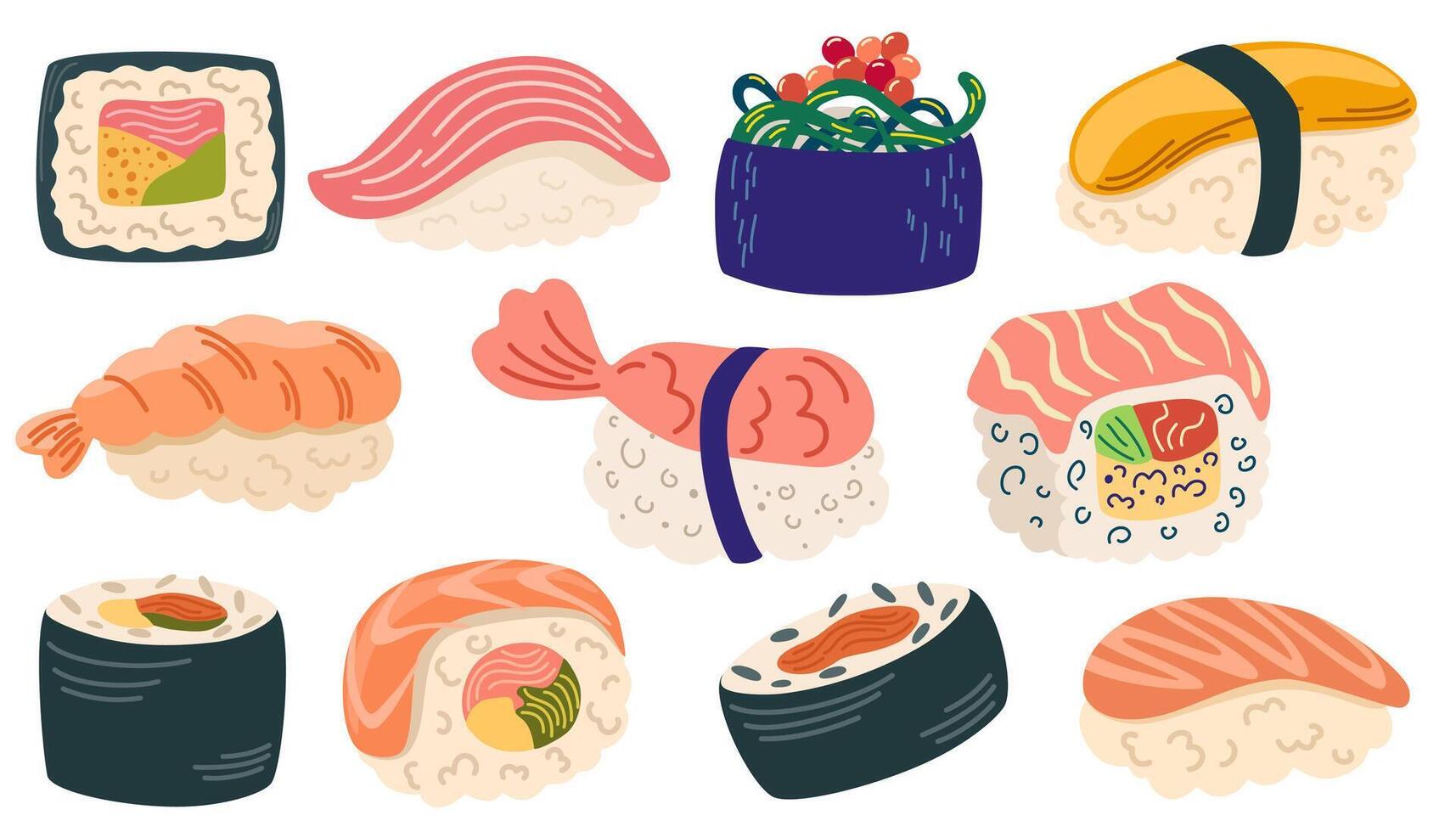 Sushi conjunto Japón asiático comida logo diseño paquete aislado en blanco antecedentes vector