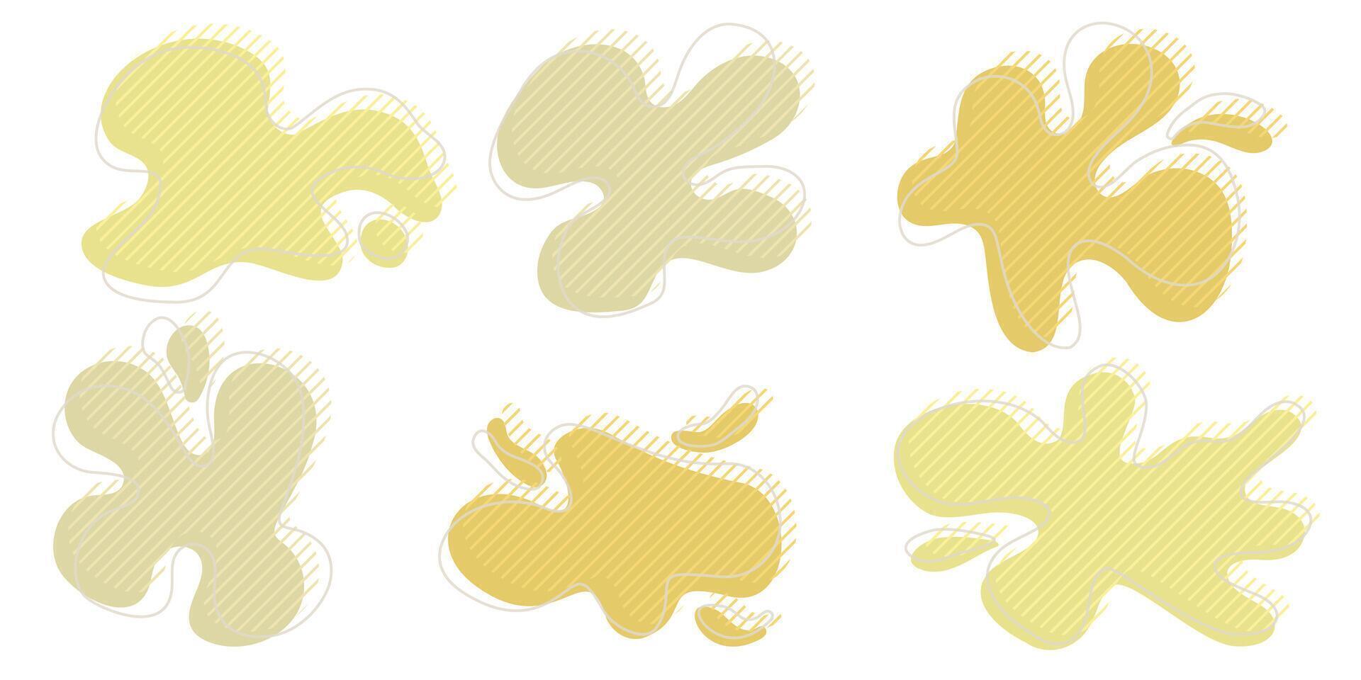 colección de orgánico irregular gota formas con decorativo rayas y carrera línea. amarillo aleatorio deformar circulo lugar. aislado blanco antecedentes orgánico ameba garabatear elementos ilustración. vector